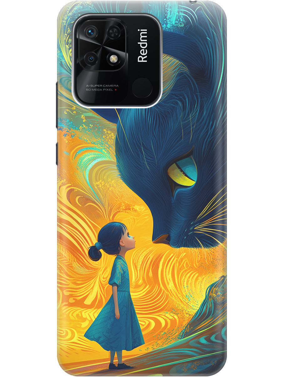

Силиконовый чехол на Xiaomi Redmi 10C с принтом "Девочка и кот", Прозрачный;желтый;синий, 736538785