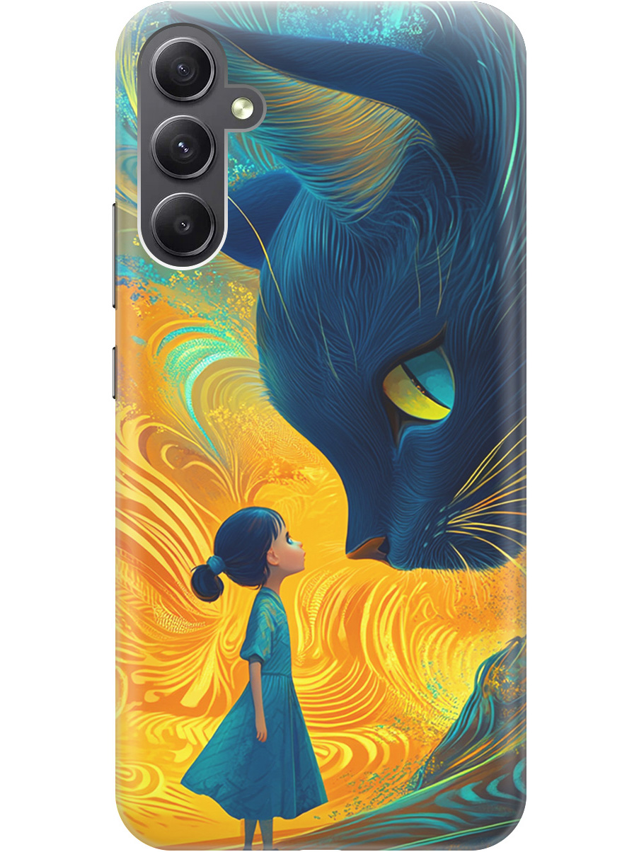 

Силиконовый чехол на Samsung Galaxy A34 5G с принтом "Девочка и кот", Прозрачный;желтый;синий, 769297585