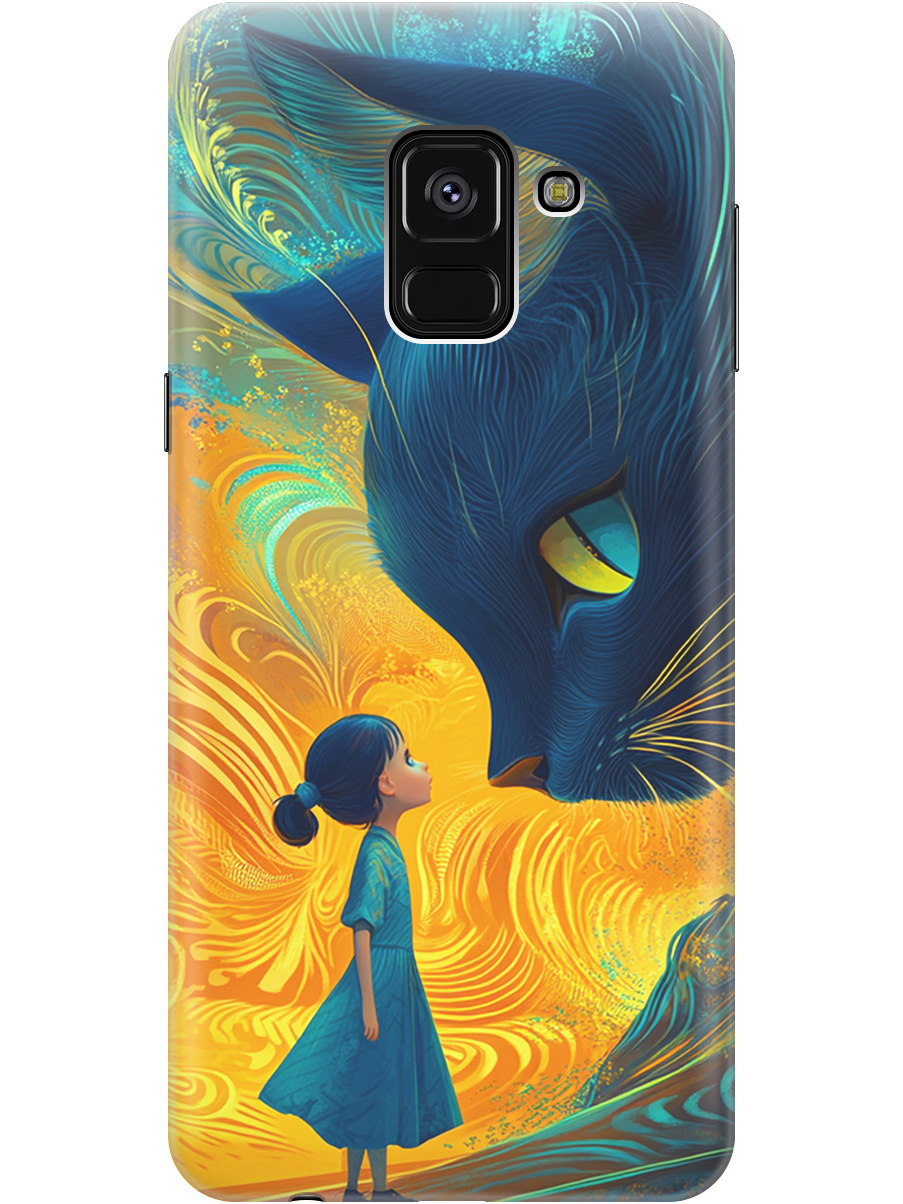 

Силиконовый чехол на Samsung Galaxy A8+ (2018) с принтом "Девочка и кот", Прозрачный;желтый;синий, 716847685