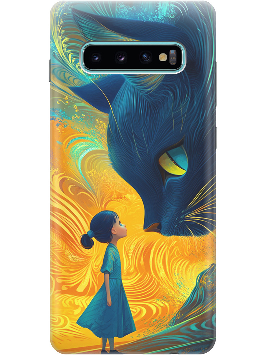 

Силиконовый чехол на Samsung Galaxy S10+ с принтом "Девочка и кот", Прозрачный;желтый;синий, 720461185
