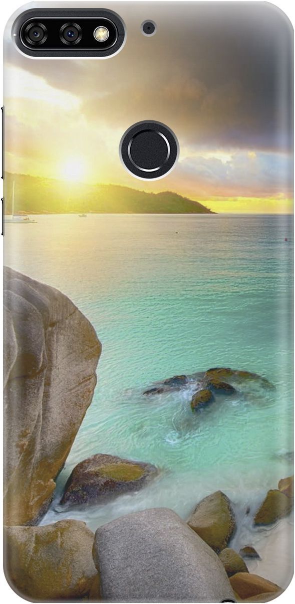 

Чехол на Honor 7C/7A Pro/Huawei Y6 Prime (2018) "Закат на каменистом берегу", Бирюзовый;желтый, 2234