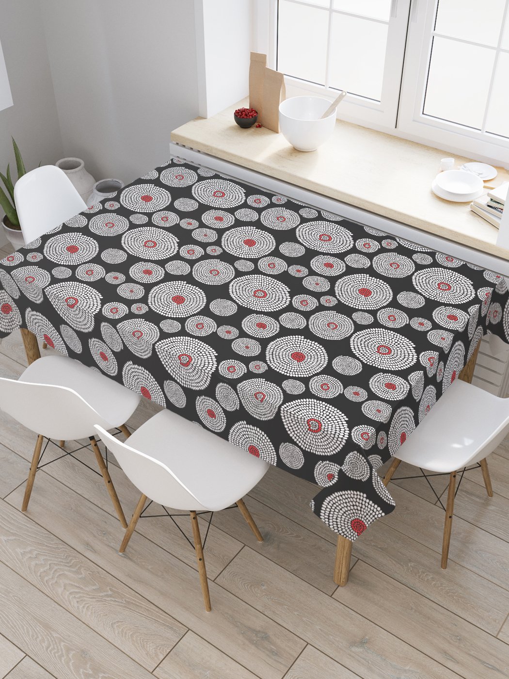 

Скатерть прямоугольная JoyArty "Спирали горошком" из оксфорда, 120x145 см, Черный, Спирали горошком