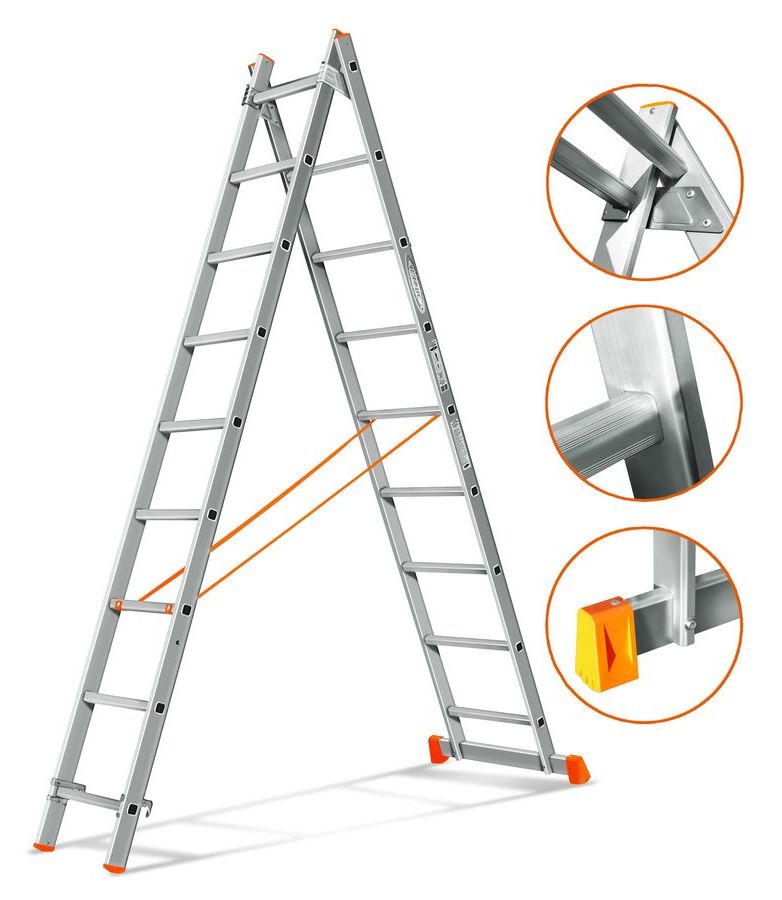 фото Алюминиевая двухсекционная лестница эйфель серии гранит 9 ступеней