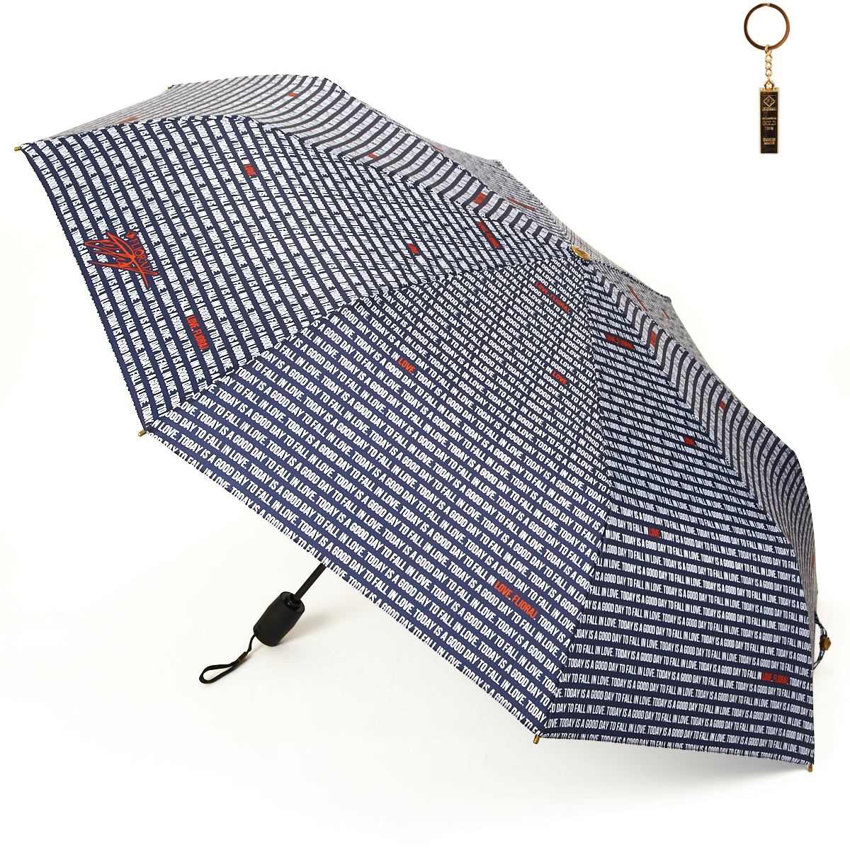 Комплект брелок+зонт складной женский автоматический Flioraj 16026 FJ синий
