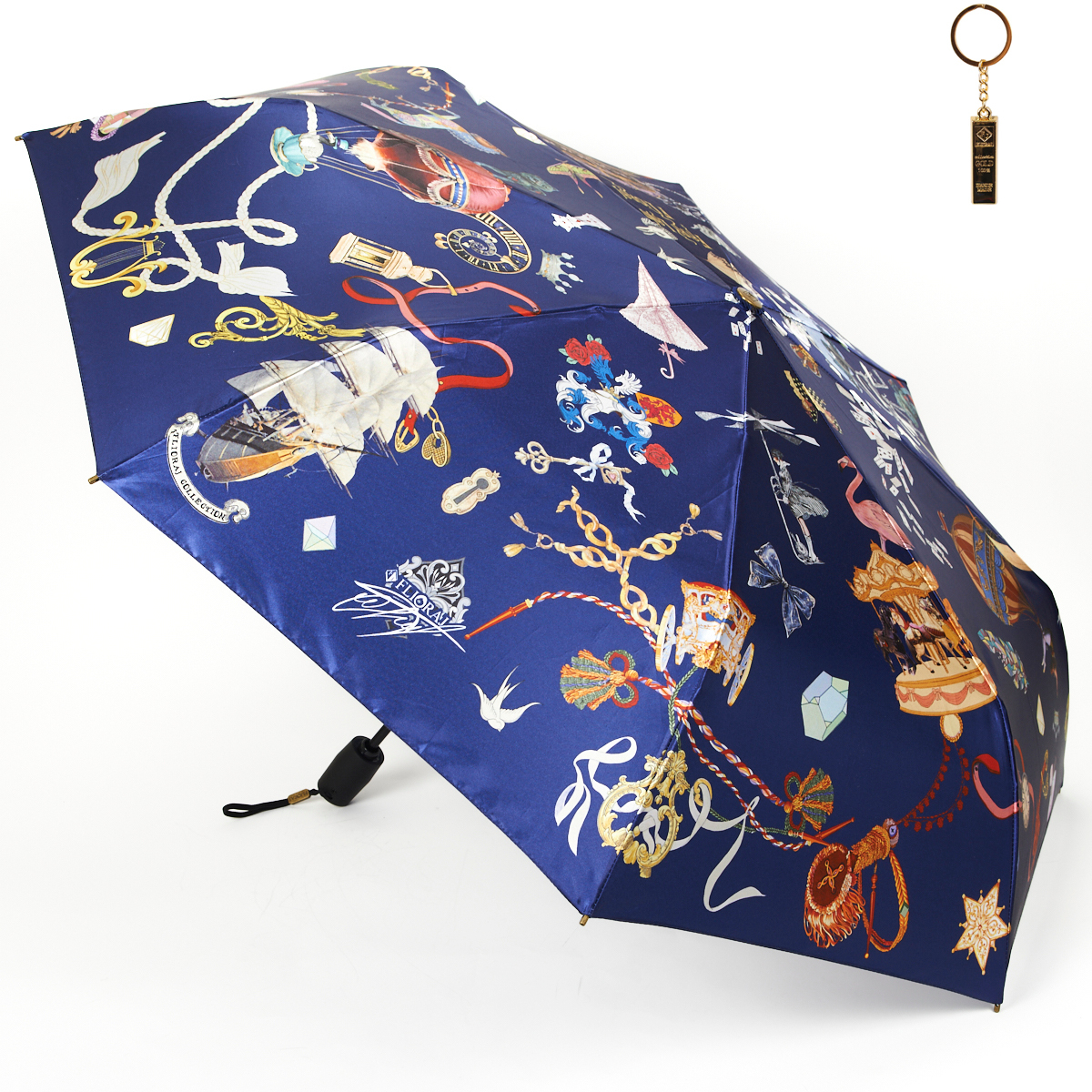 Комплект брелок+зонт складной женский автоматический Flioraj 23146 FJ синий
