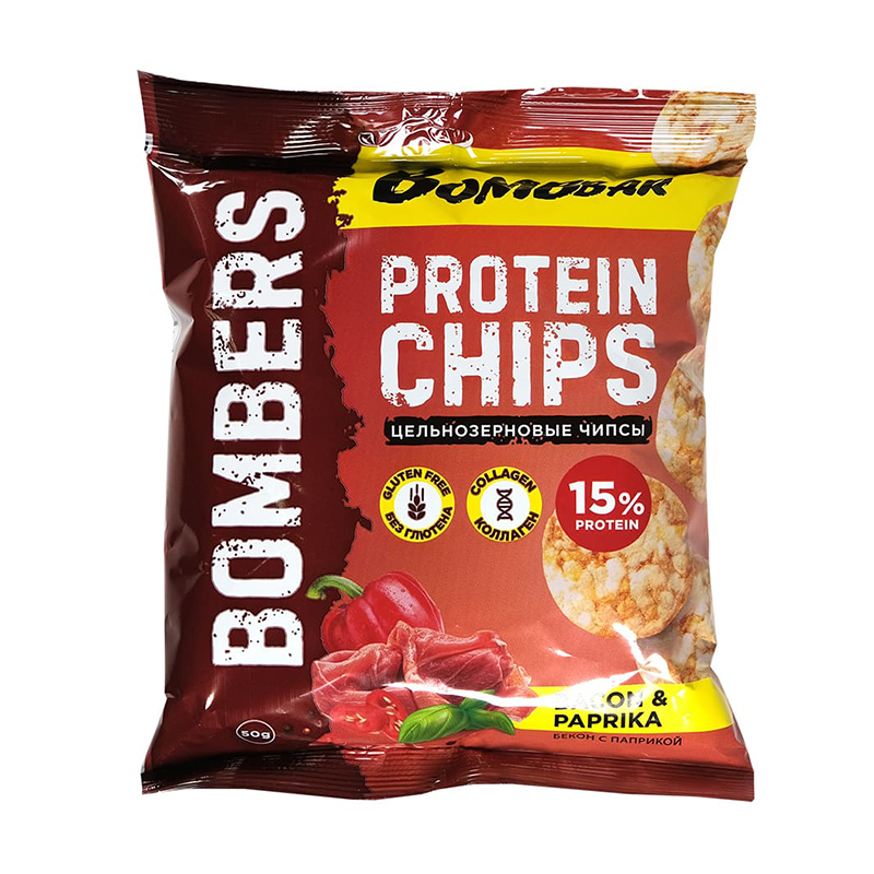

Чипсы BOMBBAR Protein Chips, 50 г, вкус: бекон с паприкой