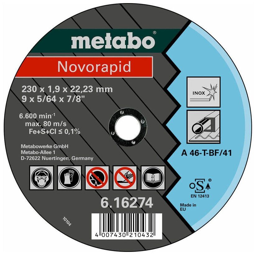 фото Диск metabo novorapid 230x1.9 a46t inox отрезной для стали 616274000 nobrand