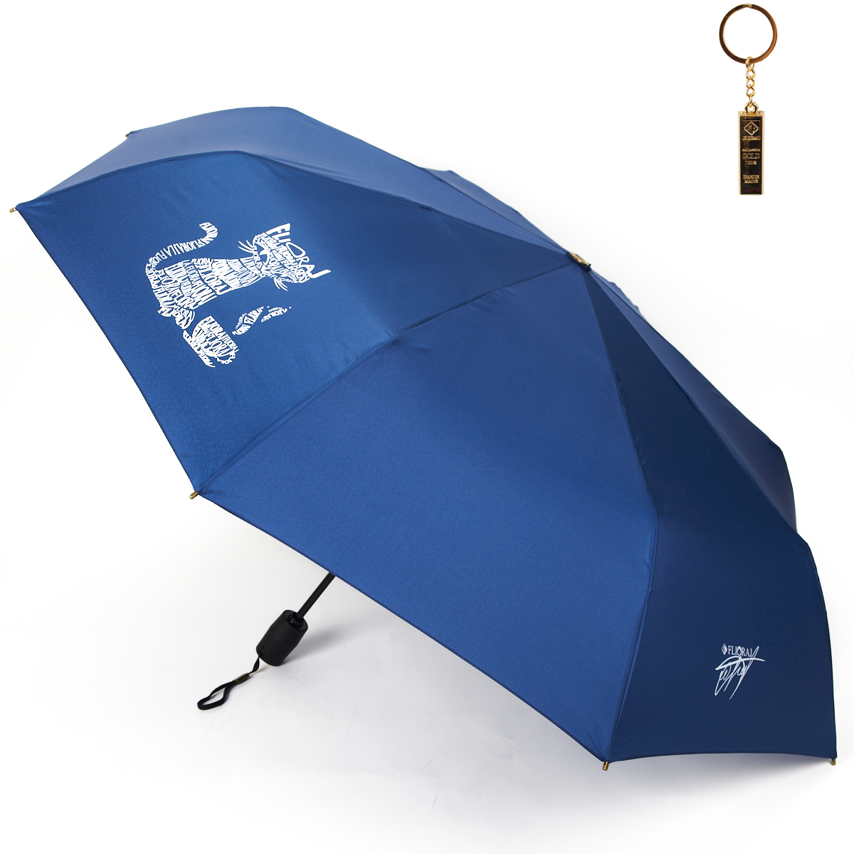 Комплект брелок+зонт складной женский автоматический Flioraj 16074 FJ синий