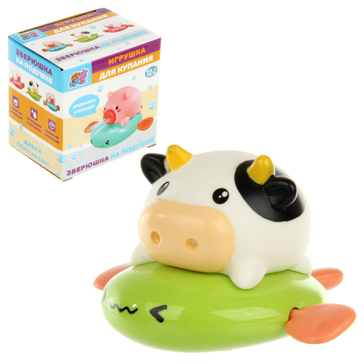 

Игрушка для купания Ути-пути Зверюшка на подушке коровка 126564, Белый;зеленый