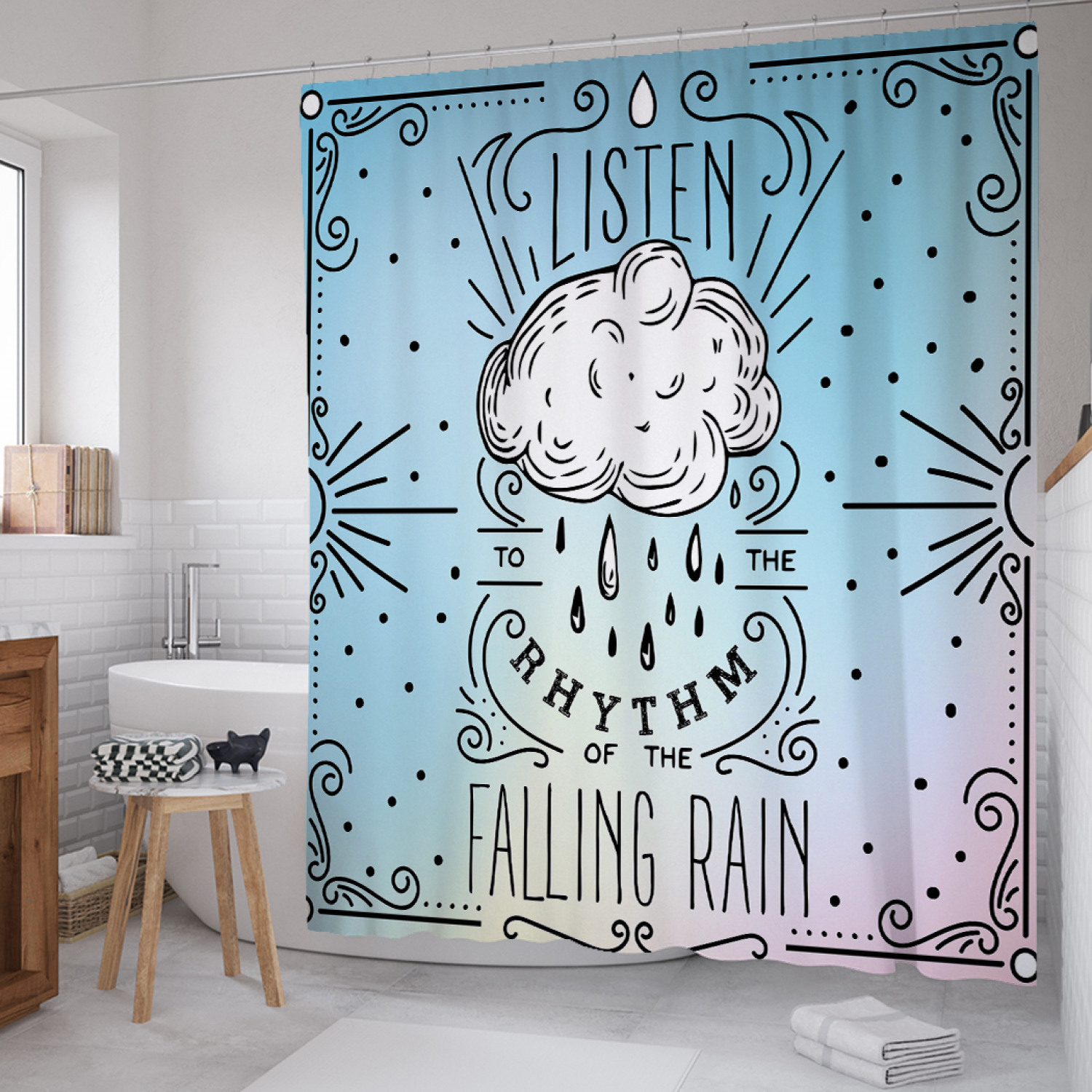 

Штора для ванной JoyArty "Слушай ритм дождя" из сатена, 180х200 см с крючками, Голубой, Слушай ритм дождя
