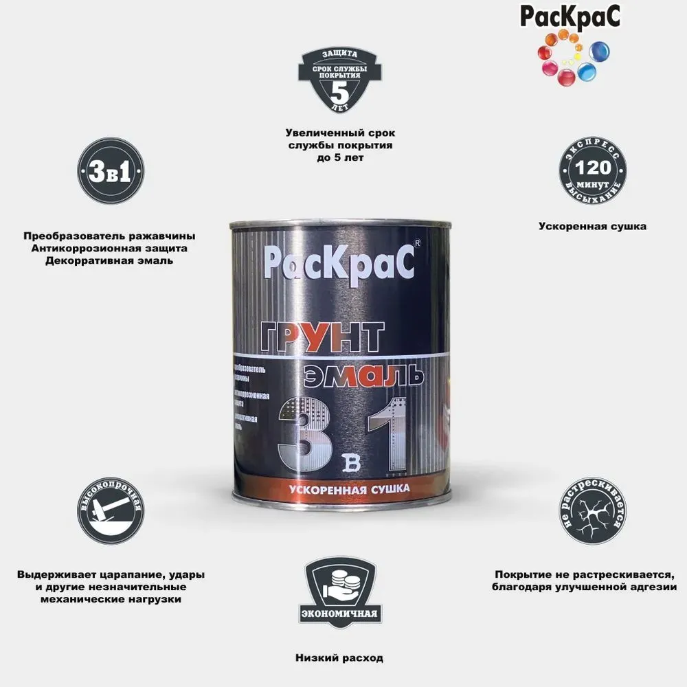

Грунт-эмаль 3 в 1 РасКраС Шоколадный 0,9кг (4690417023899), Коричневый, Шоколадный 0,9