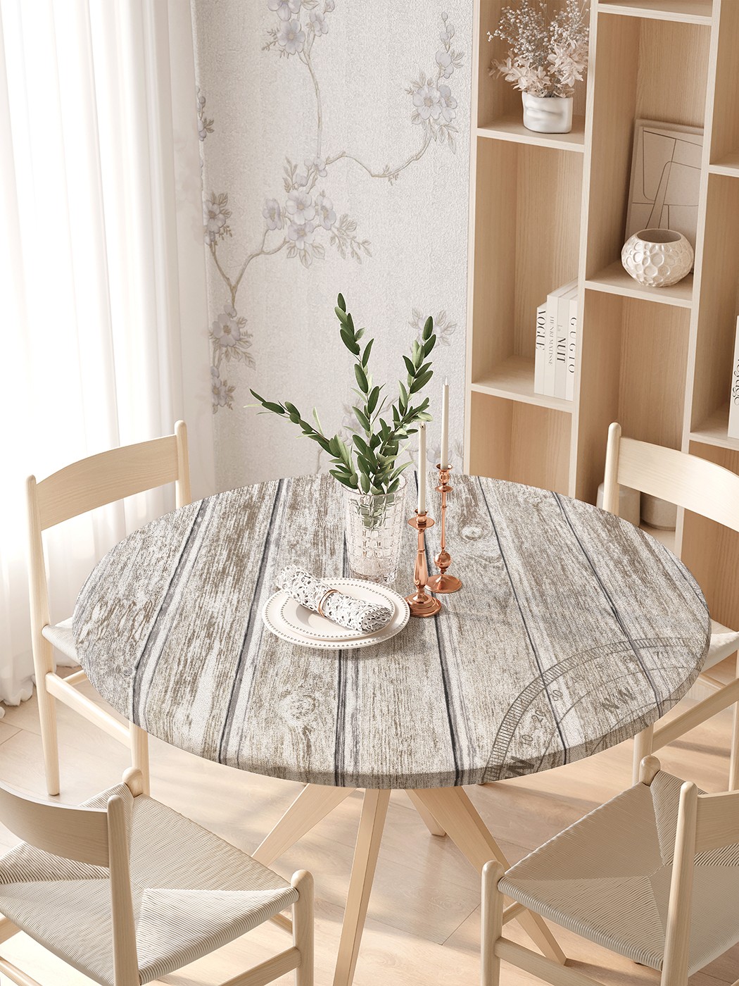 

Круглая кухонная скатерть на резинке JoyArty, на круглый стол диаметром 105-120 см, Серый, Компас на заборе