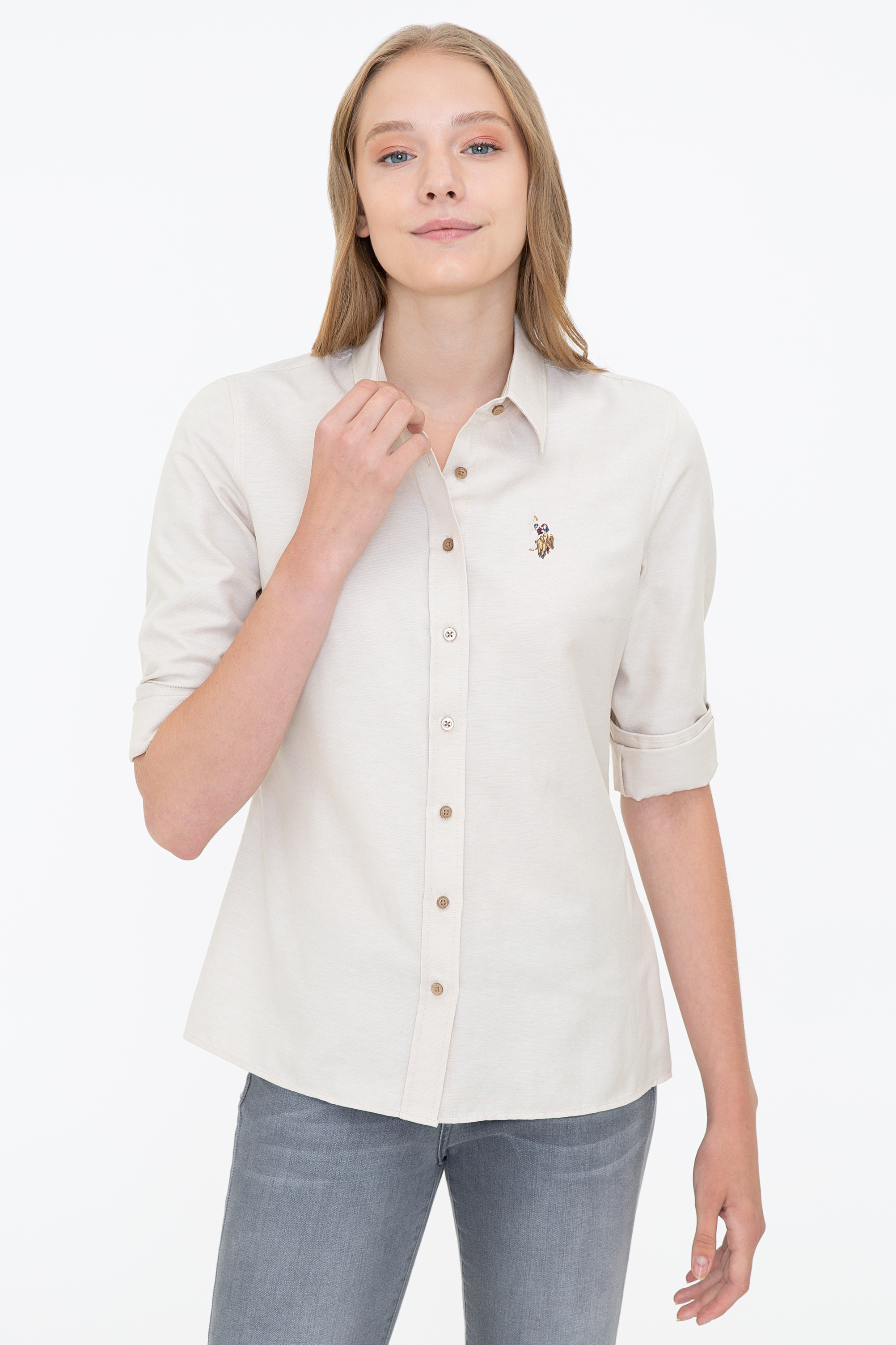

Рубашка женская U.S. POLO Assn. G082GL0040WOXCOLOR021K бежевая 34, G082GL0040WOXCOLOR021K
