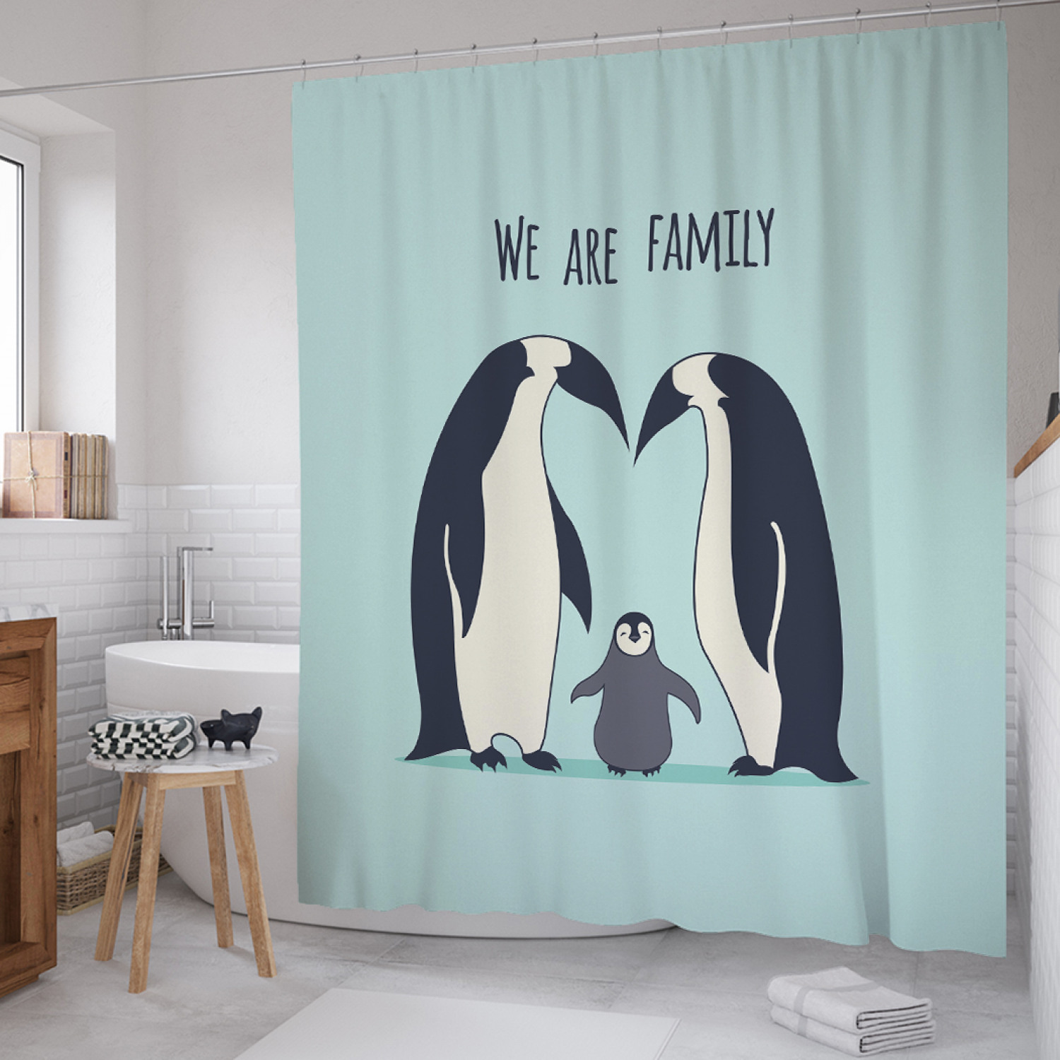 

Штора для ванной JoyArty "Семья пингвинов" из сатена, 180х200 см с крючками, Голубой, Семья пингвинов