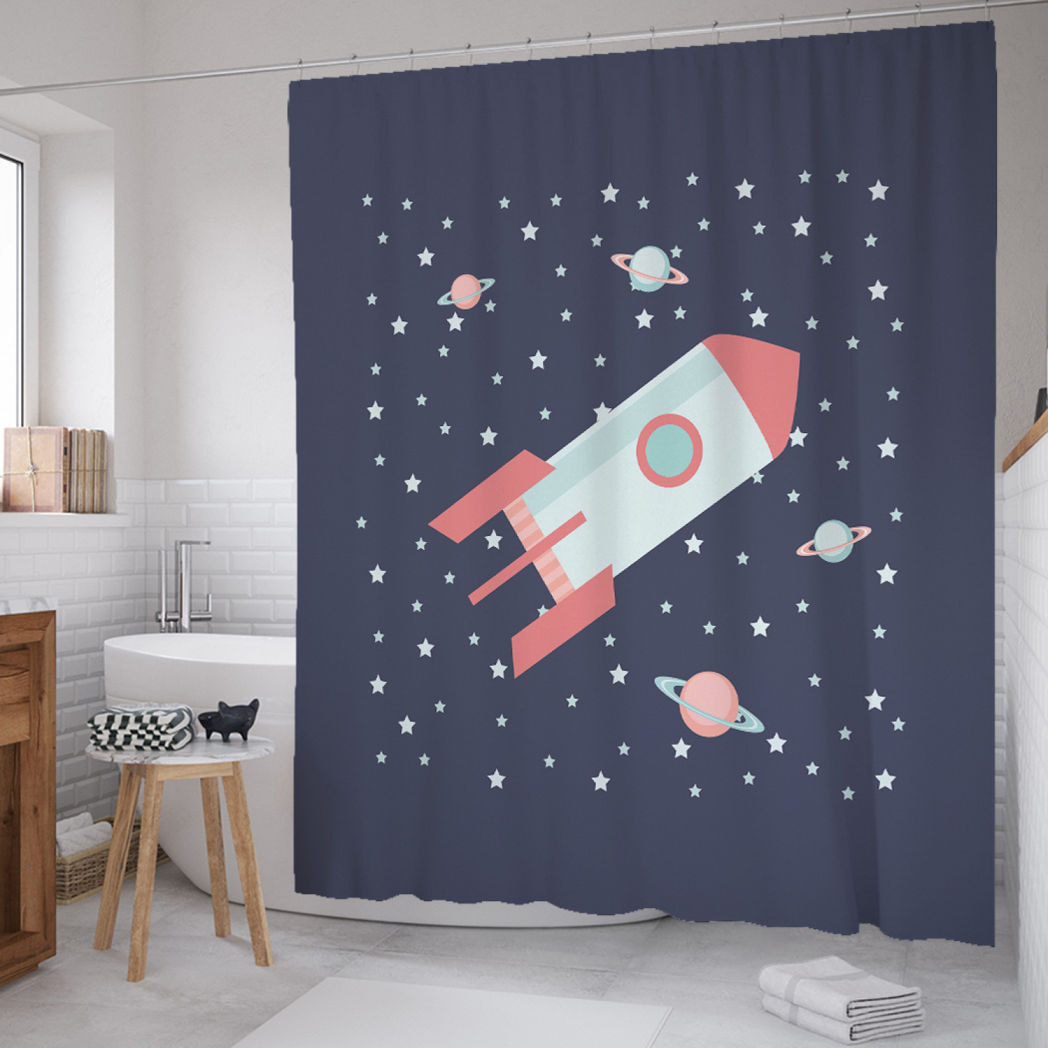 

Штора для ванной JoyArty "Ракета в полете" из сатена, 180х200 см с крючками, Серый, Ракета в полете