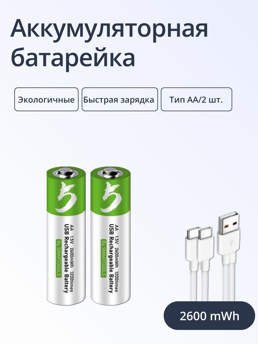 Батарейки пальчиковые Run Energy перезаряжаемые Тип АА Емкость 2600 mWh 2 шт 776₽