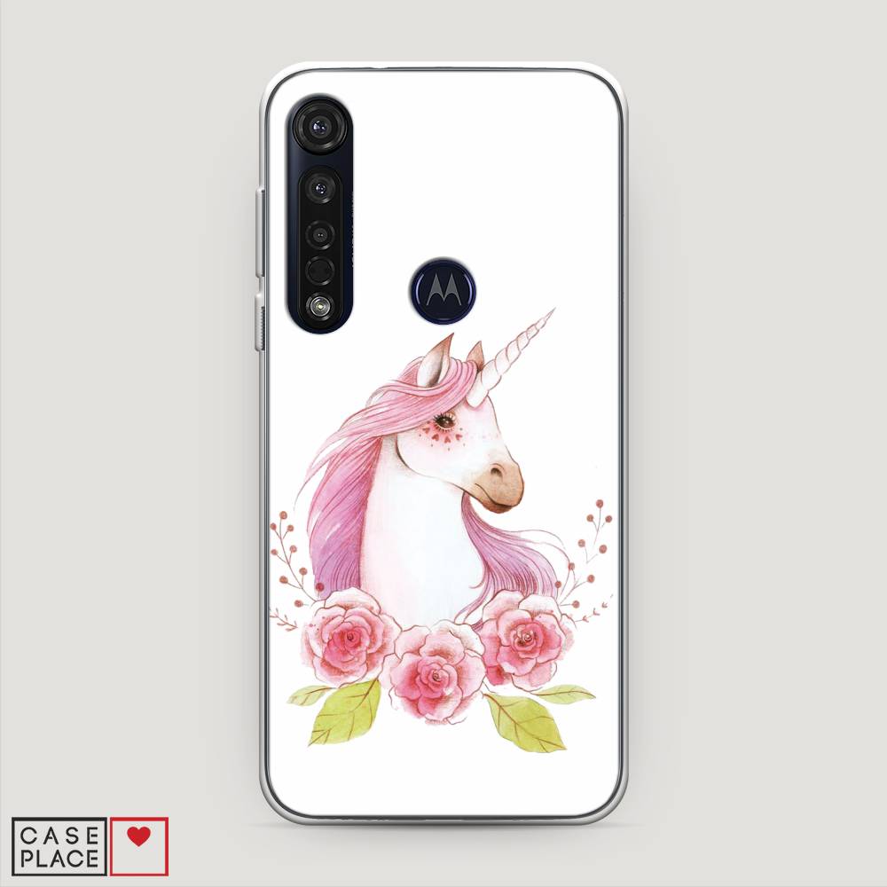 

Чехол на Motorola Moto G8 Plus "Единорог цветы", Белый;розовый;серый, 241450-1