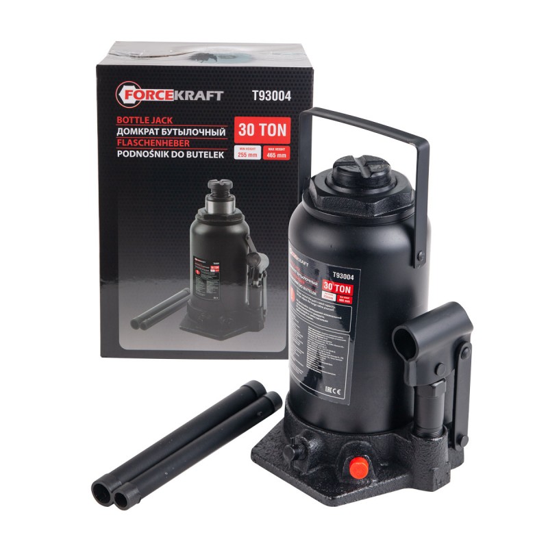 

Домкрат бутылочный FORCEKRAFT FK-T93004(DS) 30т с клапаном(h min-255мм,h max-465мм), Черный