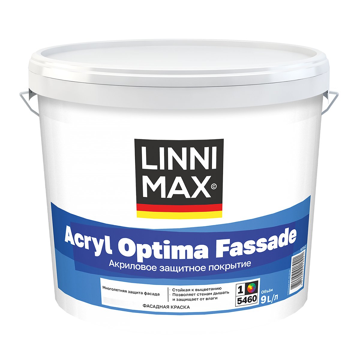 

Краска фасадная Linnimax Acryl Optima Fassade, матовая, база 1, белая, 9 л, 274794, Белый