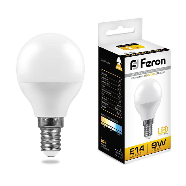 

Лампа светодиодная LED 9вт Е14 теплый матовый шар | код 25801 | FERON (1 шт.)