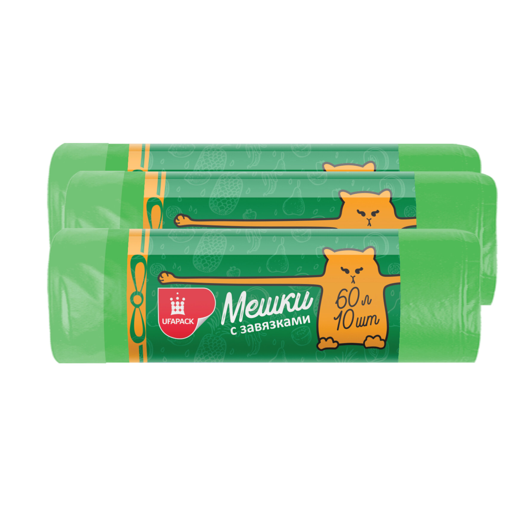 Мешки для мусора UFAPACK прочные с завязками зеленые 60 л, 3 упаковки по 10 шт