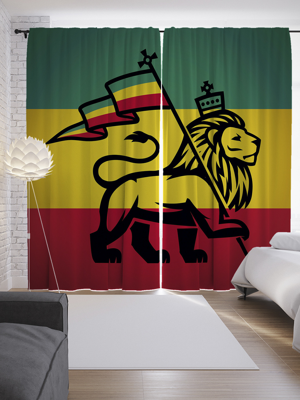 

Шторы JoyArty с фотопечатью "Растаманский лев с флагом" из сатена, 290х265 см, Растаманский лев с флагом