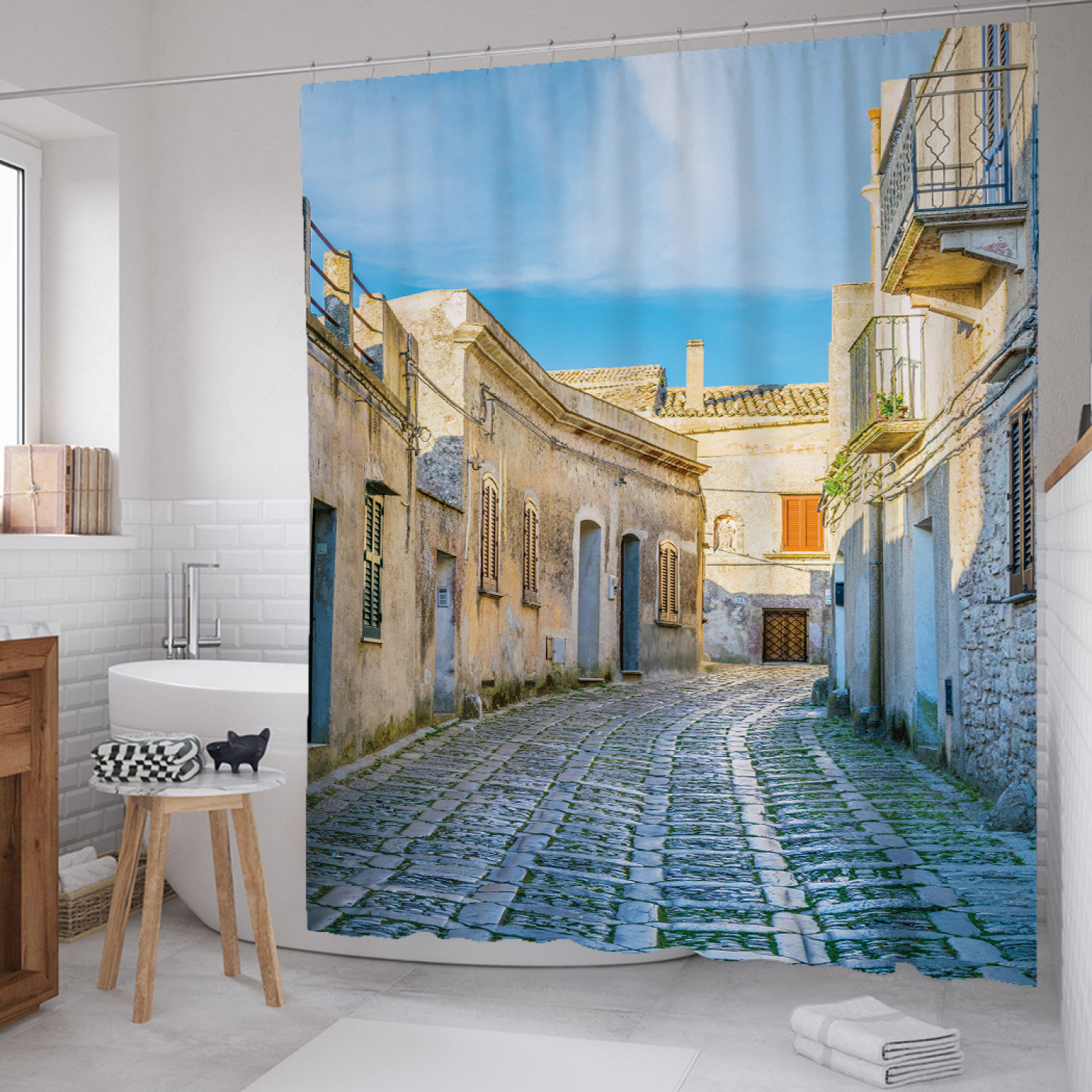 

Штора для ванной JoyArty "Улица старого города" из сатена, 180х200 см с крючками, Голубой, Улица старого города