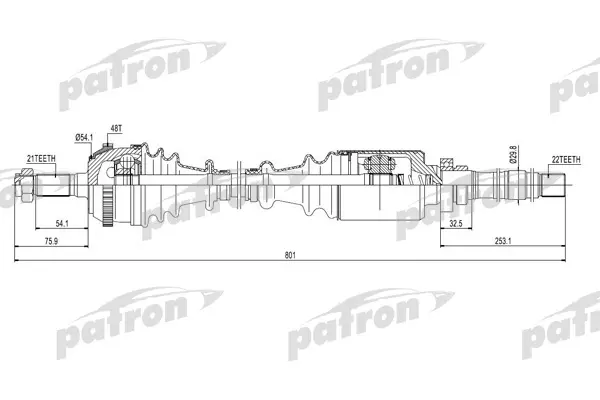 

PATRON PDS0072 Полуось правая 21x801x58.3x22 ABS 48T CITROEN SAXO 96-03, PEUGEOT 106 I 91-