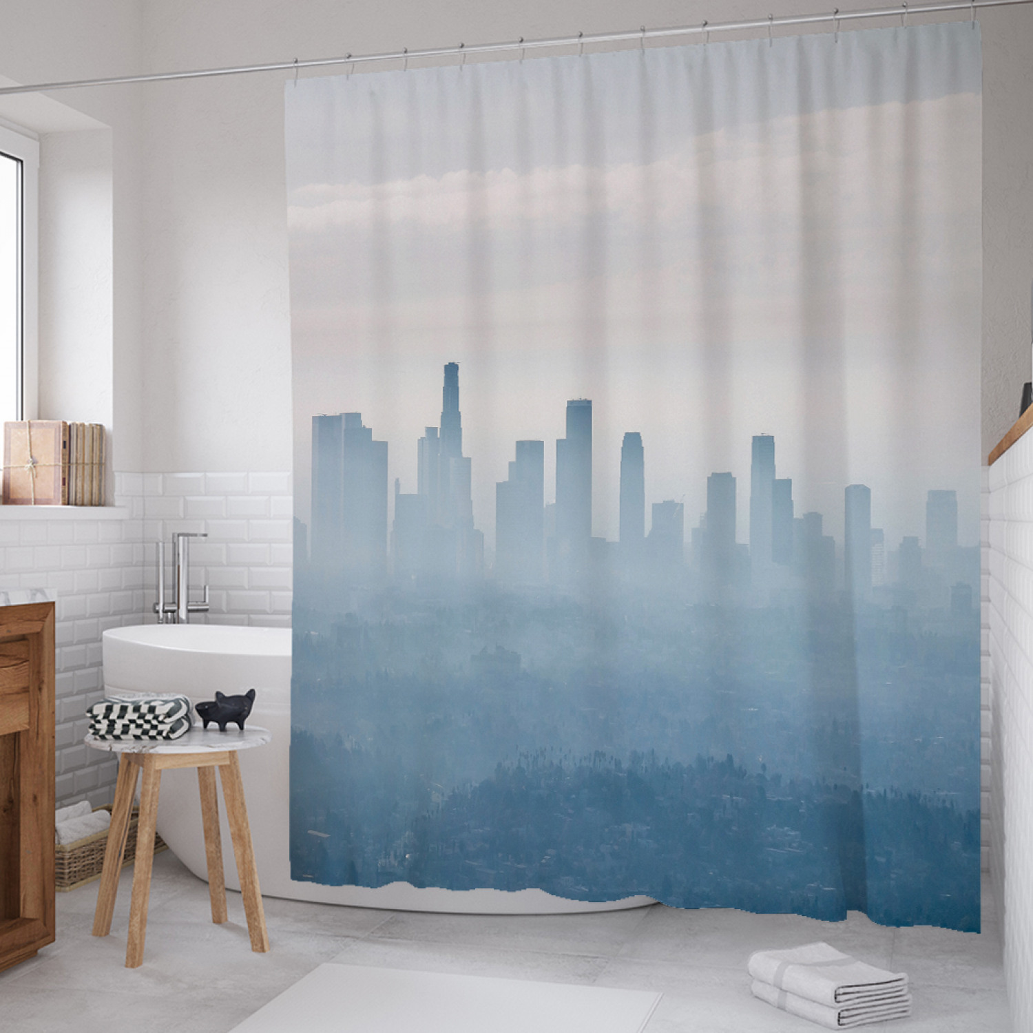 

Штора для ванной JoyArty "Город в тумане" из сатена, 180х200 см с крючками, Серый, Город в тумане