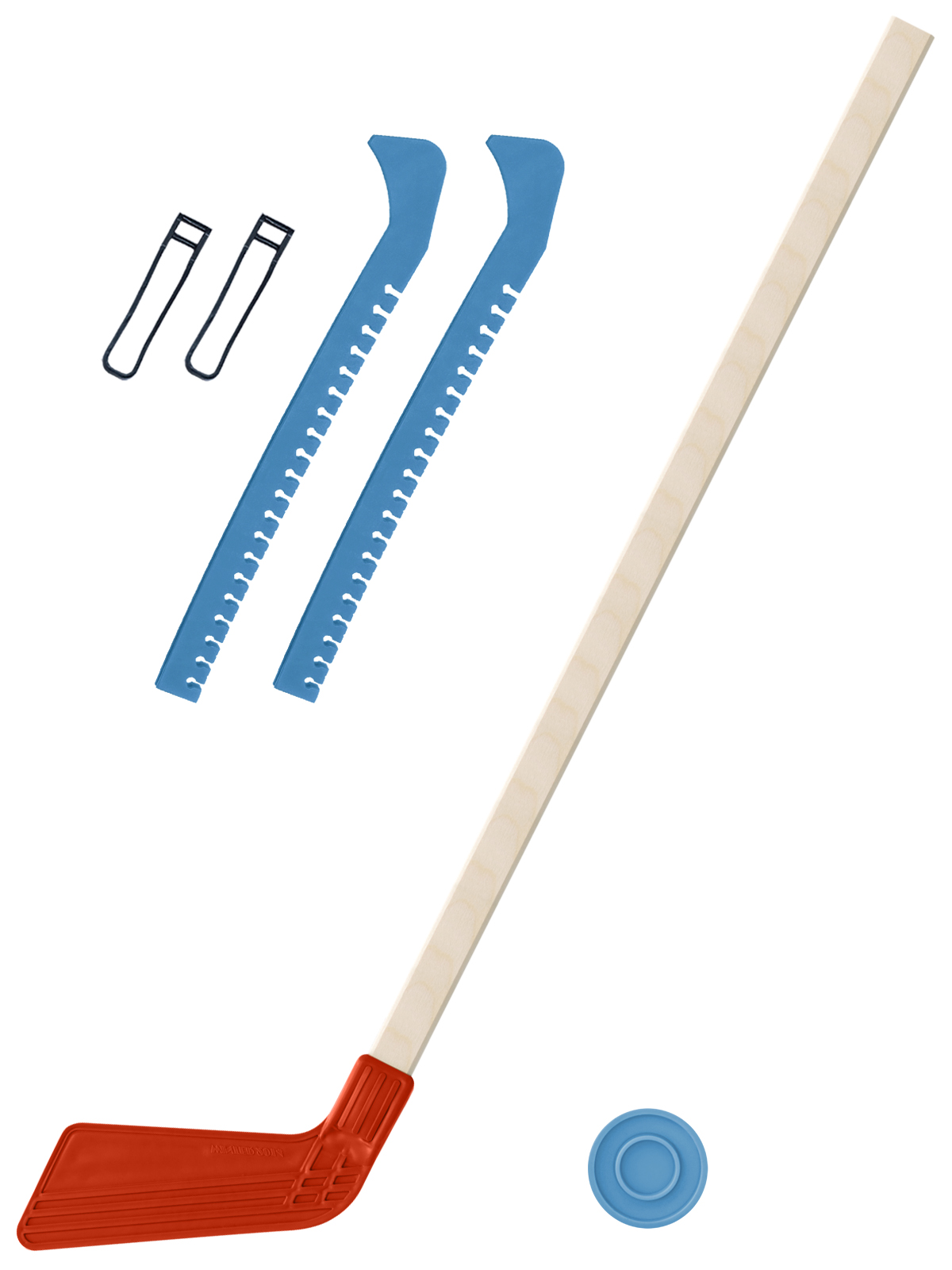 фото Набор зимний клюшка хоккейная красная 80 см.+шайба+чехлы для коньков голубые задира-плюс