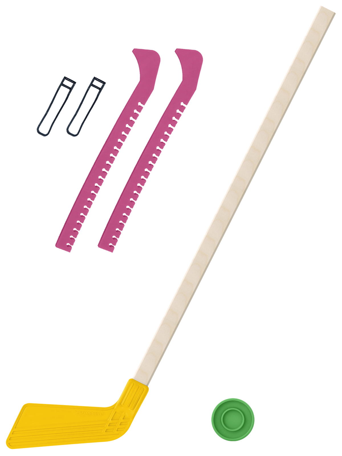 фото Набор зимний клюшка хоккейная жёлтая 80 см.+шайба+чехлы для коньков розовые задира-плюс