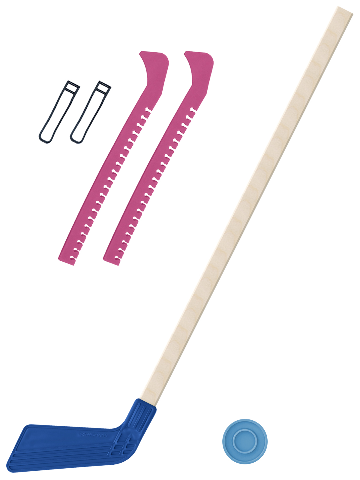 фото Набор зимний клюшка хоккейная синяя 80 см.+шайба+чехлы для коньков розовые задира-плюс