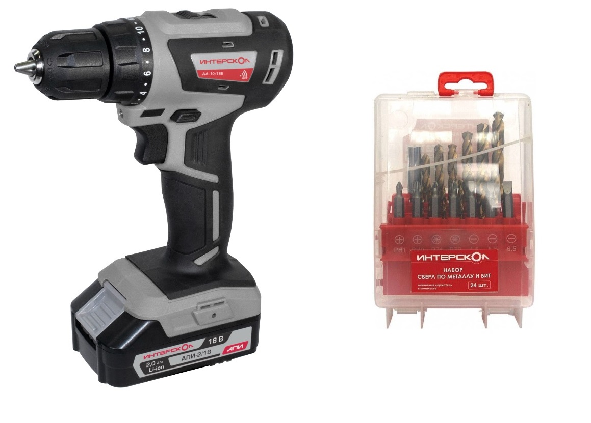 Дрель аккумуляторная ИНТЕРСКОЛ ДА-1018В 42 Мини МАКС АПИ Li-Ion набор 24 пр 685000₽