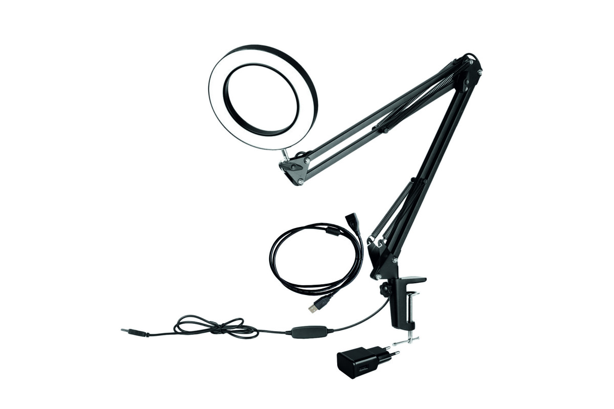 Настольная светодиодная лампа лупа Mobicent LN-33U15A черная + удлинитель кабеля + адаптер