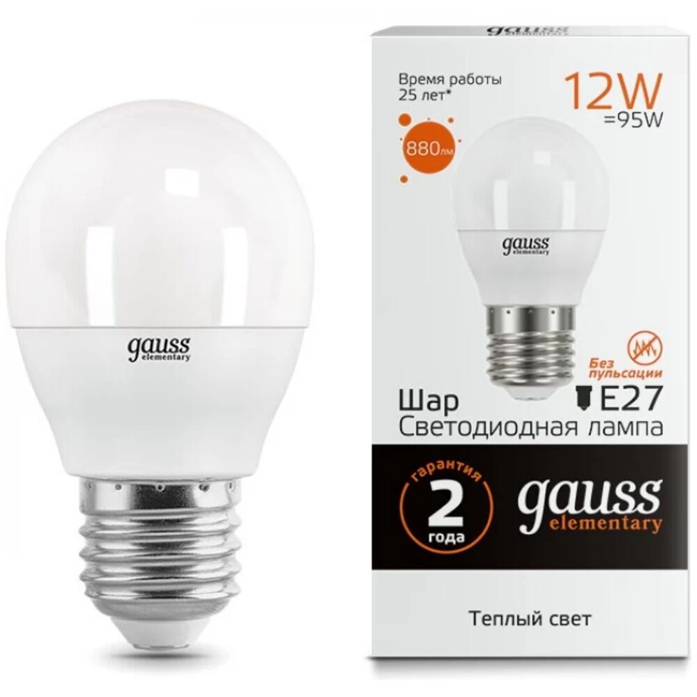 

Светодиодная лампа Gauss Elementary LED Globe E27 12W 3000K 53212 x10, 53212 x10 375965
