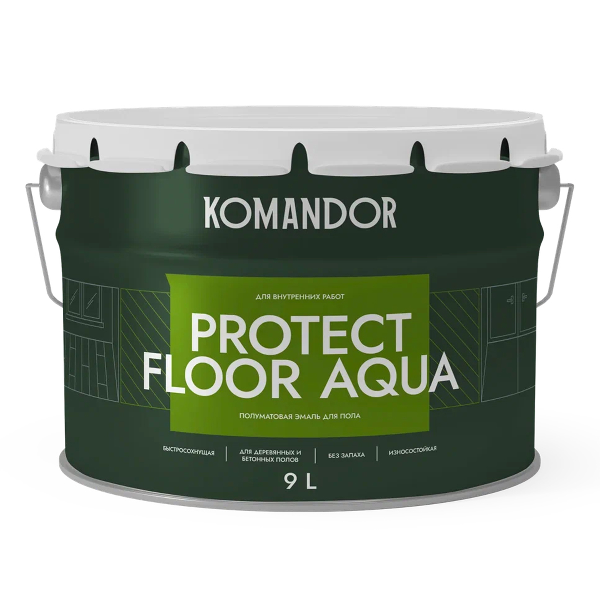 фото Эмаль для пола komandor protect floor aqua, акриловая, полуматовая, база а, белая, 9 л