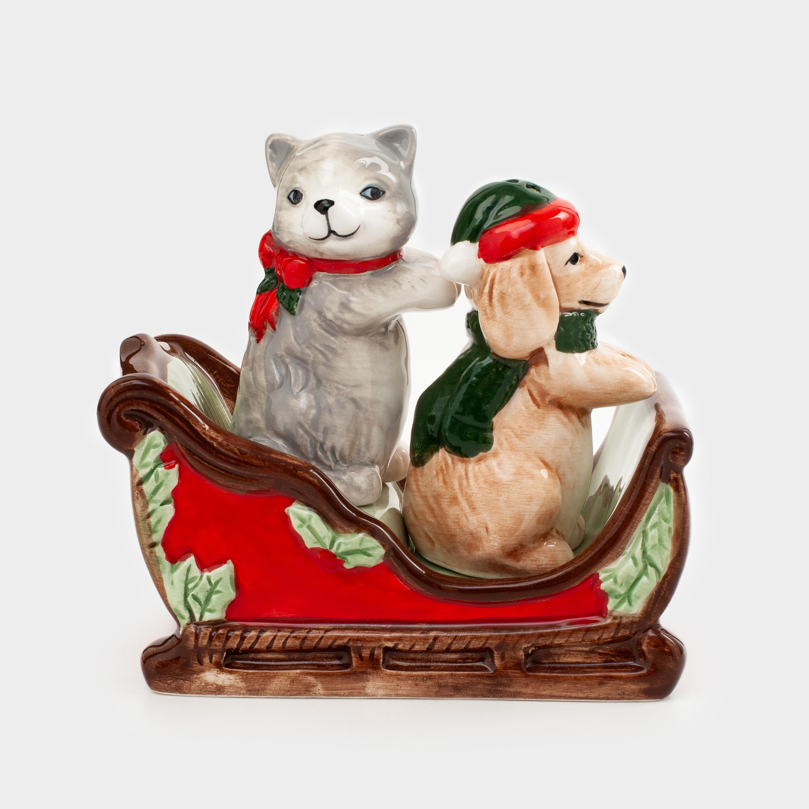 

Набор для соли и перца, 13 см, на подставке, керамика, Кот и собака, Christmas traditions, Разноцветный