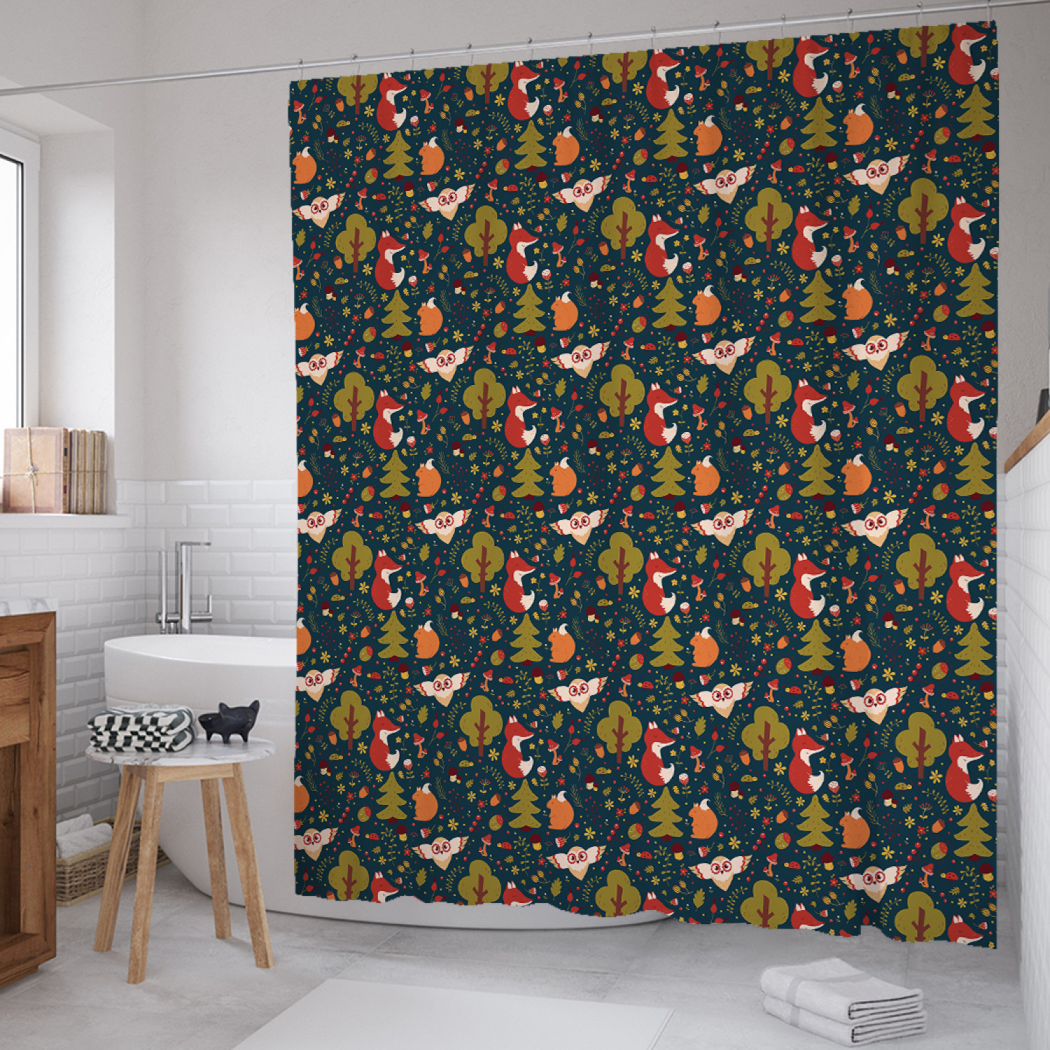 

Штора для ванной JoyArty "Сова и белка" из сатена, 180х200 см с крючками, Зеленый, Сова и белка