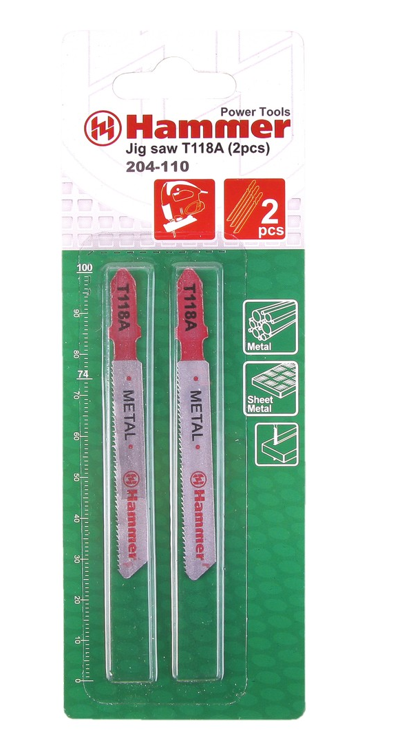 

Пилка для лобзика Hammerflex 204-110 JG MT T118A (2pcs) металл, 67мм, шаг 1.1-1.5, HSS, 2ш