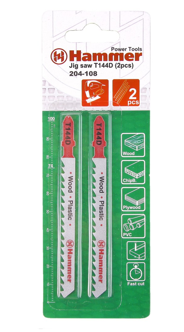 

Пилка для лобзика Hammerflex 204-108 JG WD-PL T144D (2pcs) дерево, быстро, 74мм, шаг 4.0-5
