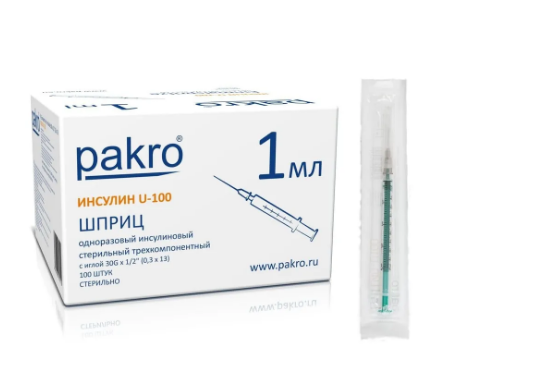 Купить Шприц трехкомпонентный PAKRO 1мл. инсулиновый с иглой 0, 3*13 U100 100 шт.