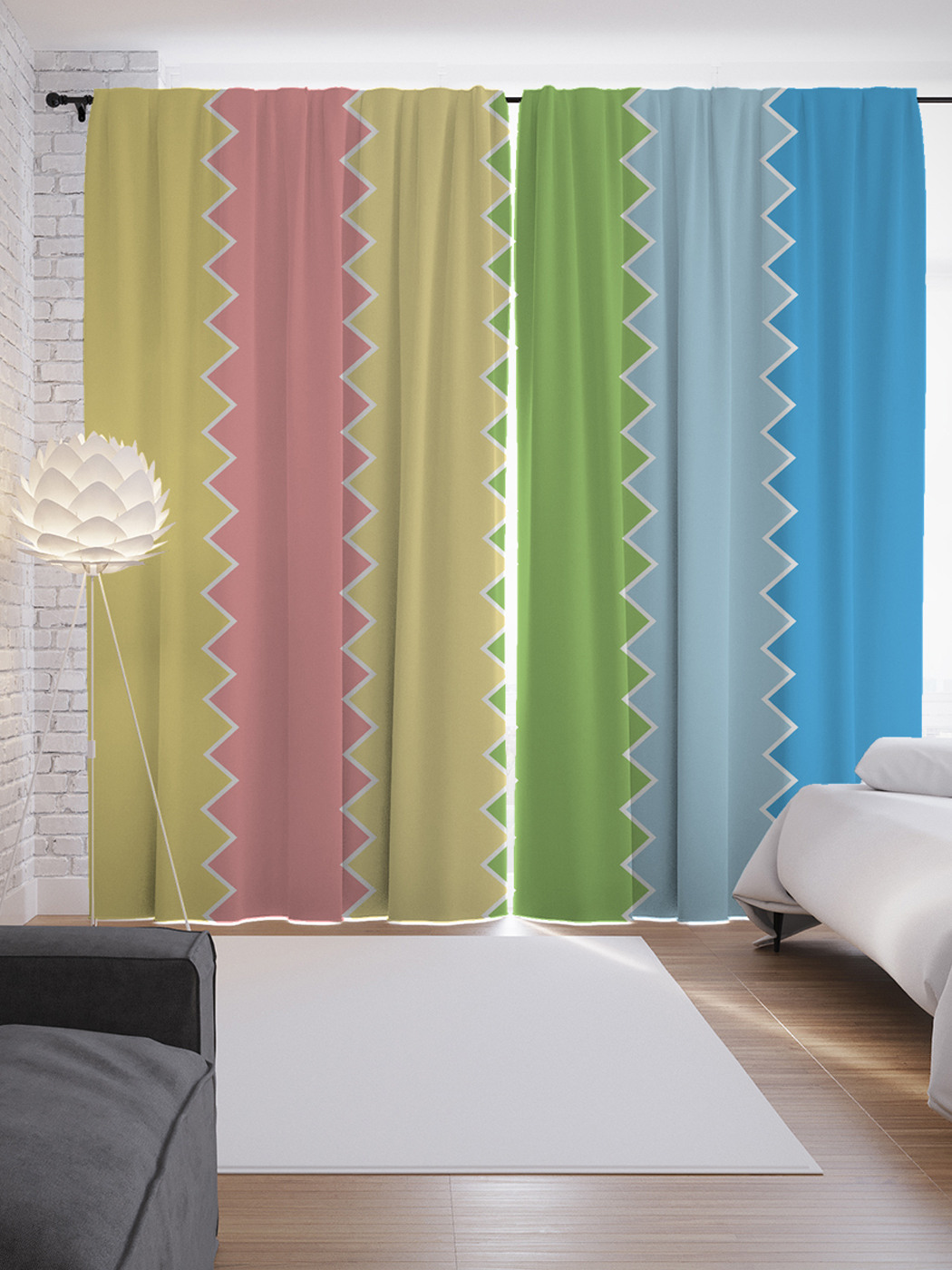 

Шторы JoyArty с фотопечатью "Радуга зигзагами" из сатена, 290х265 см, Радуга зигзагами