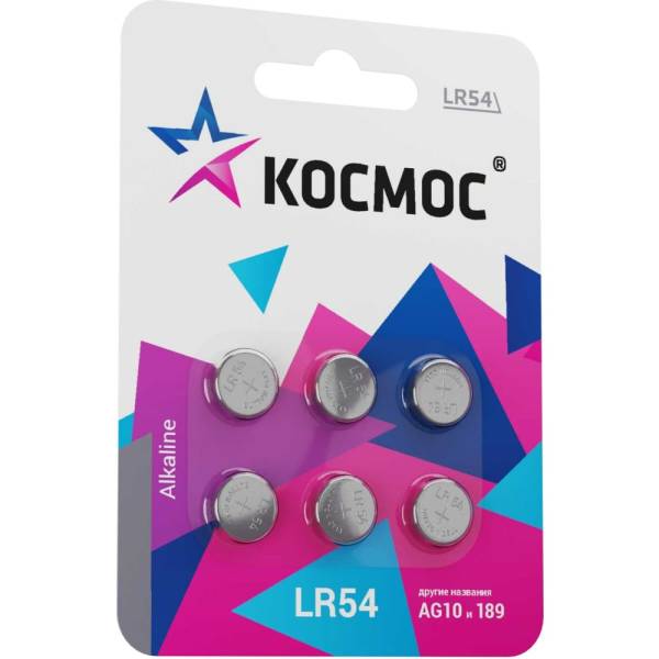 

Элемент питания КОСМОС G10 (L1131/LR54/189/389) 1.5V Alkaline 6BL, KOCG10(LR54)BL6