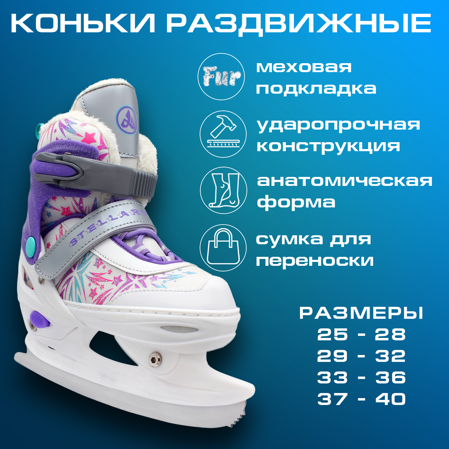 Раздвижные коньки Alpha Caprice Stellary Violet с мехом XS, 25-28