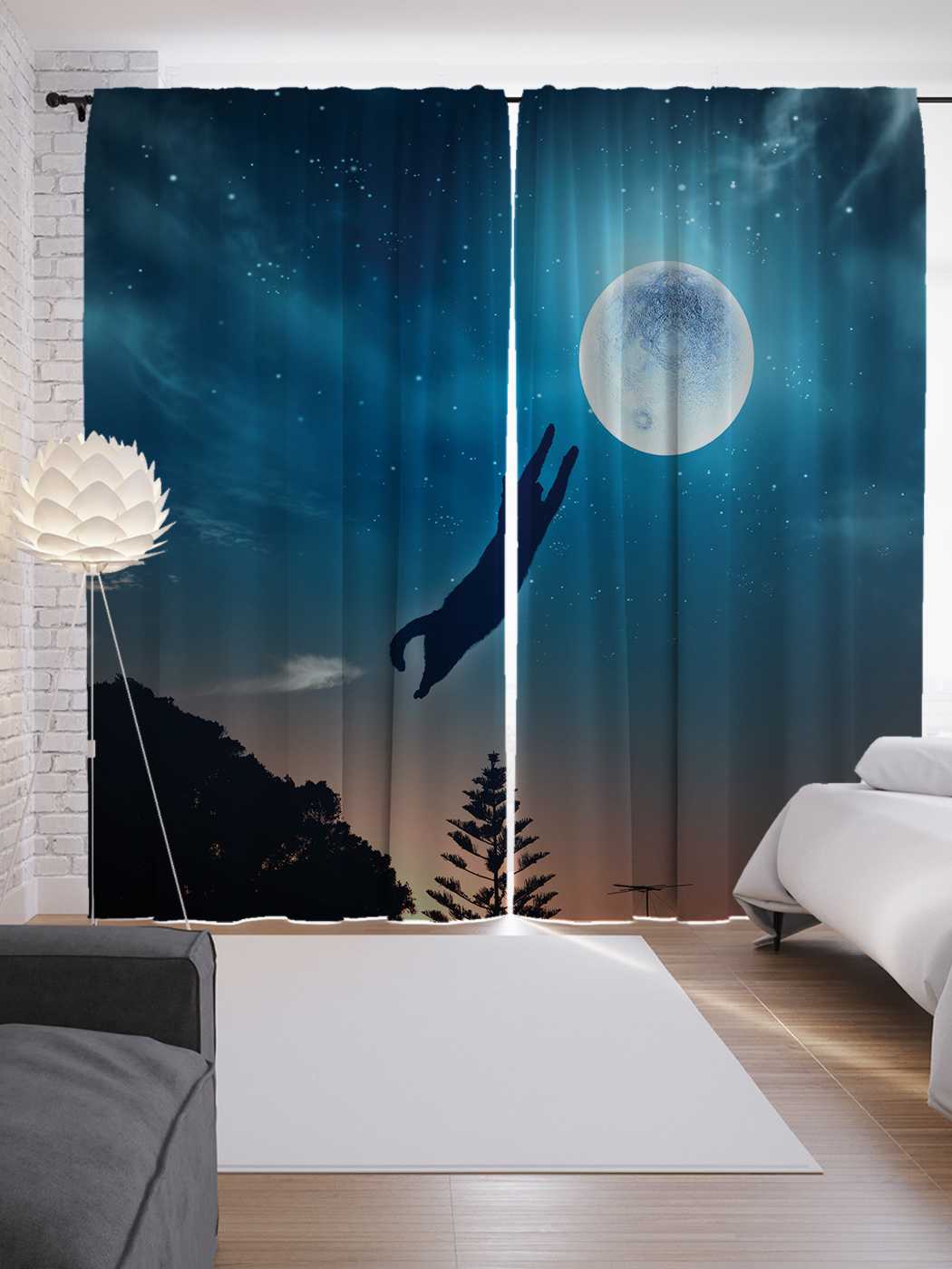 фото Шторы joyarty с фотопечатью "кот прыгает на луну" из сатена, 290х265 см