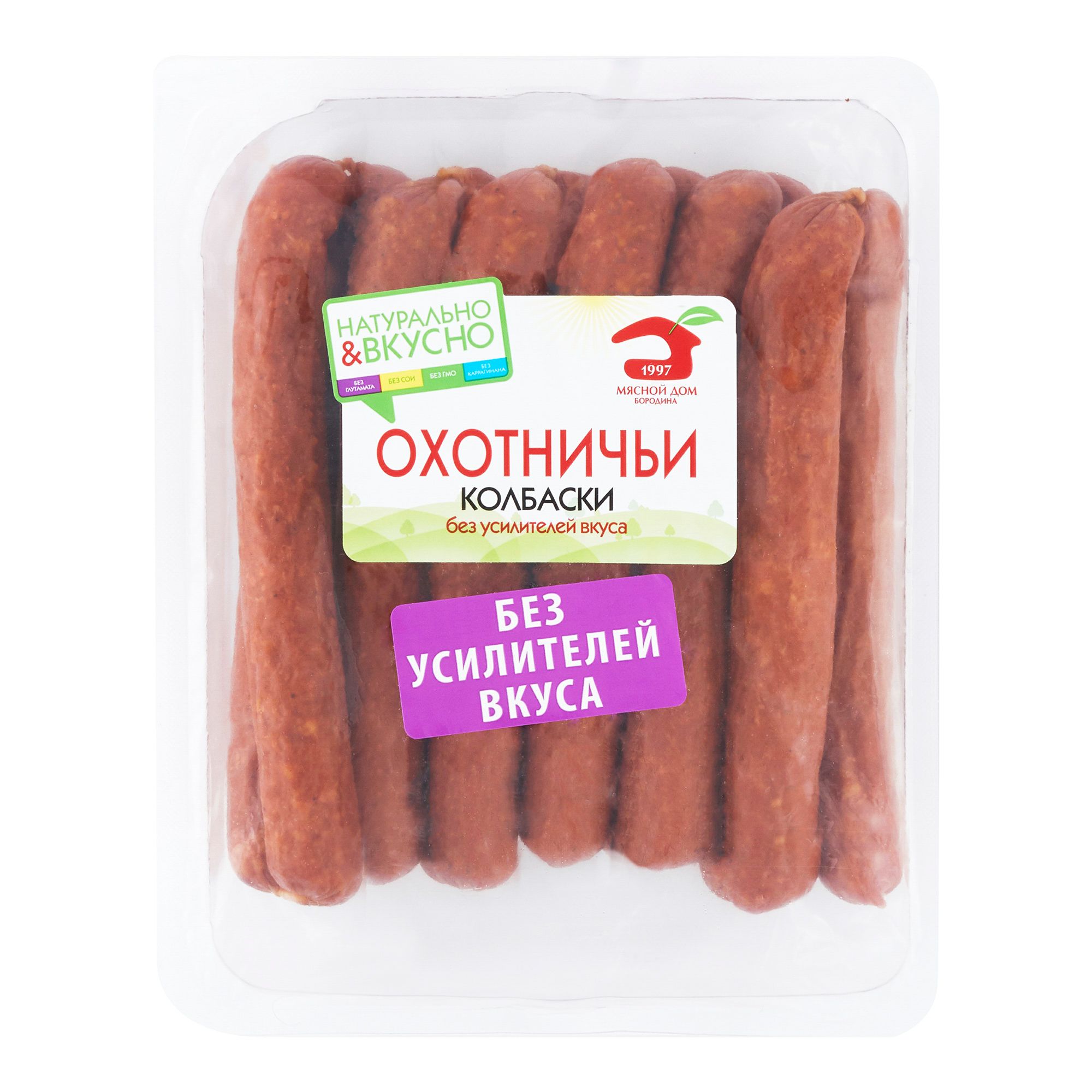 

Колбаски МД Бородина Охотничьи полукопченые +-535 г