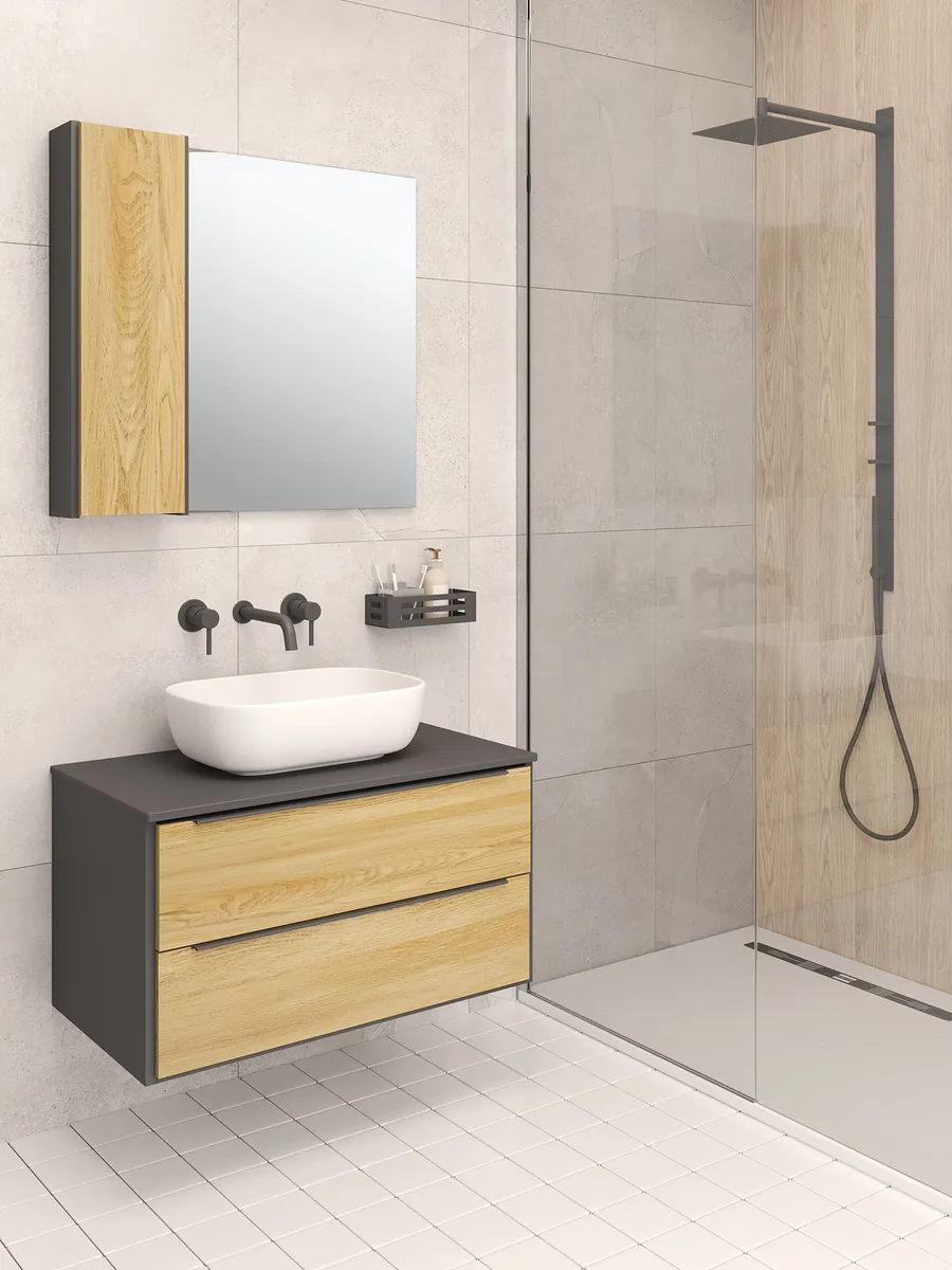 

Мебель для ванной RUNO Мальта 85, дуб, черный, подвесная, Мальта Moduo 50 square