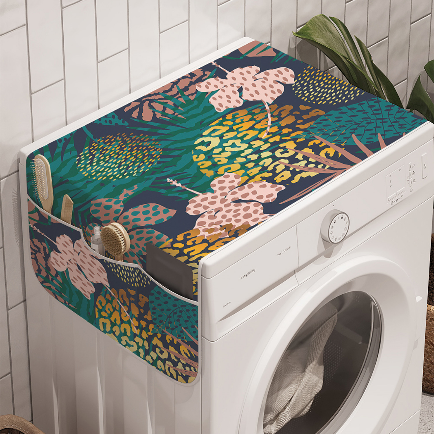 

Органайзер для хранения Ambesonne "Листья, цветы и леопард" на стиральную машину,45x120 см, Пальмовые листья , цветы и леопард