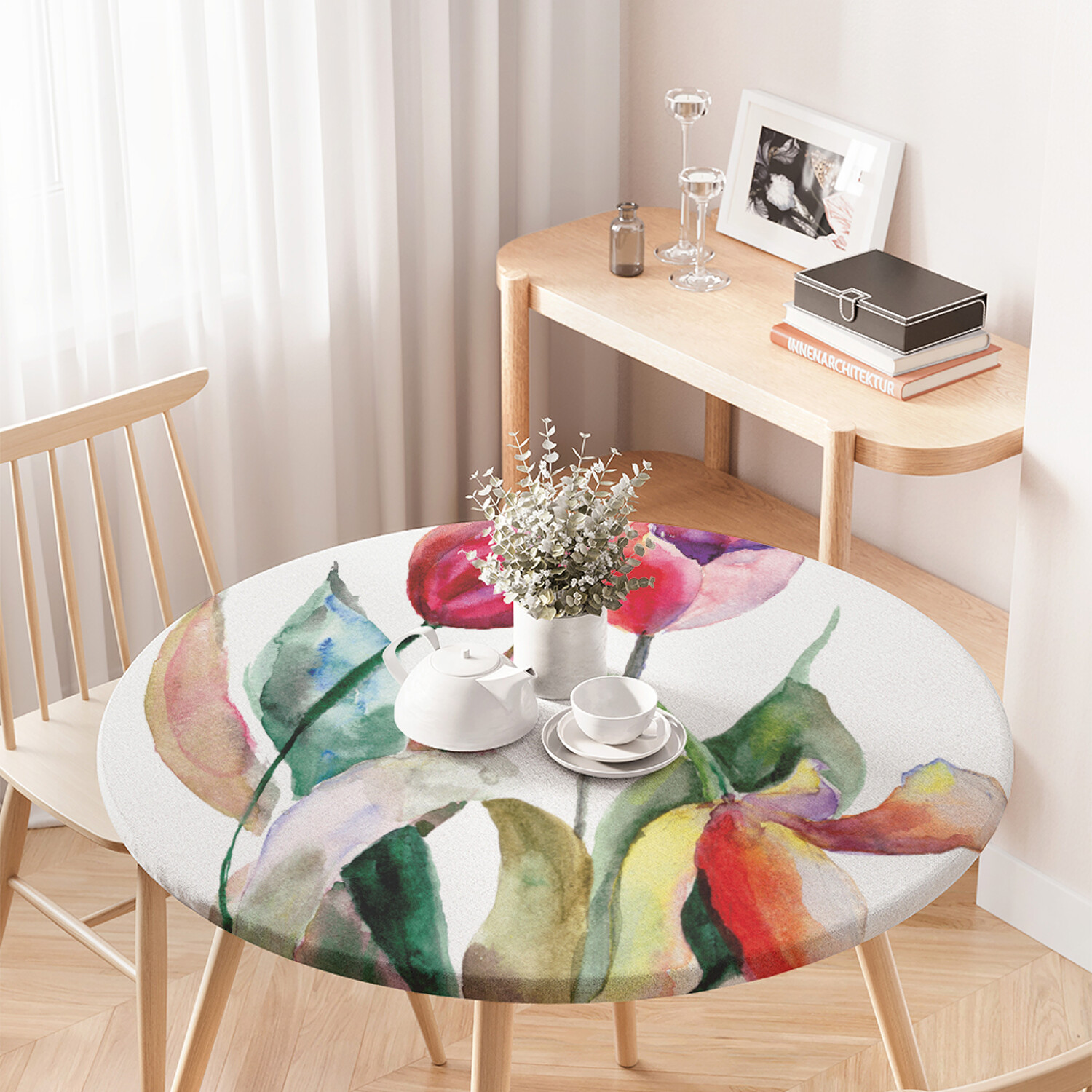 

Круглая кухонная скатерть на резинке JoyArty на круглый стол диаметром 75100 см., Голубой, Акварельные тюльпаны