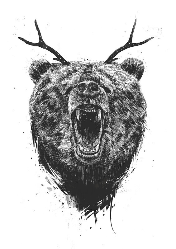 

Большой постер на стену Angry bear with antlers 50х70 см без рамы, BSANTLERS